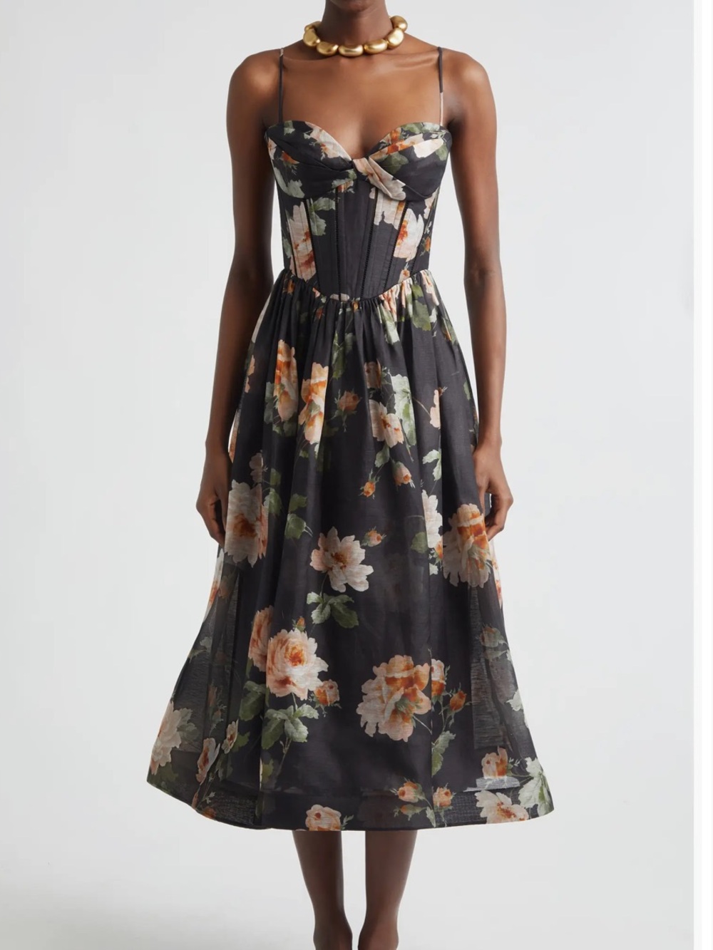 Zimmermann Black Midi Dress with Peach and Cream Florals- NWT - Picture 2 of 7